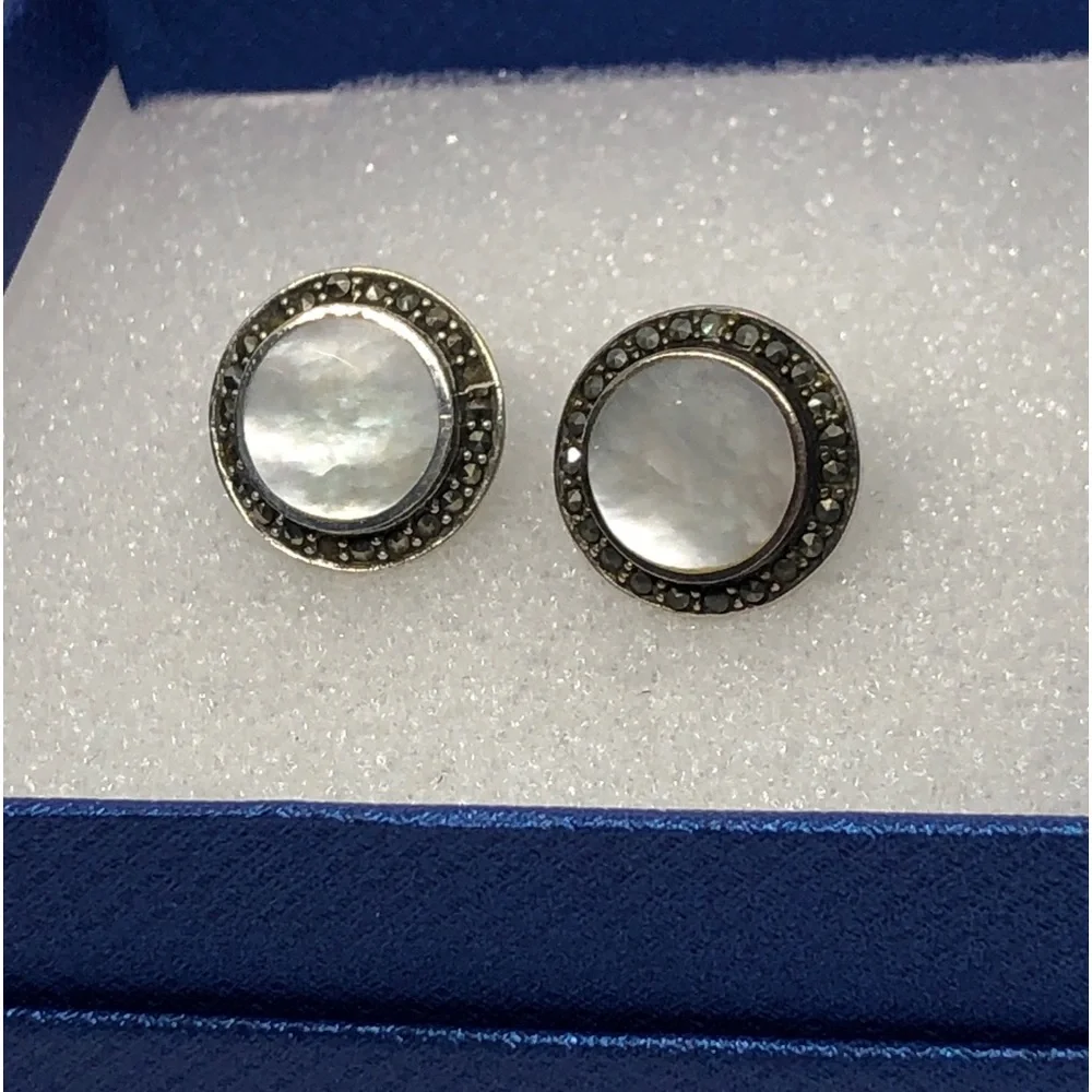 Vintage Art Deco Sterling Silver Mother of Pearl Marcasite Earrings